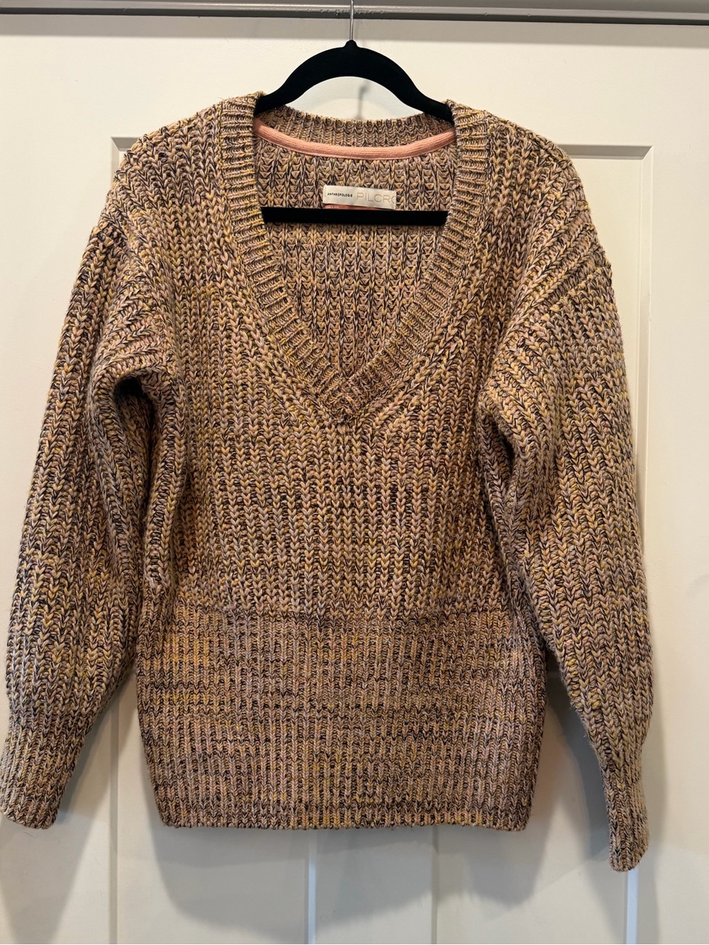 Pilcro Anthropologie Marled Chunky Knit V-Neck Sweater Wool Blend Size Large